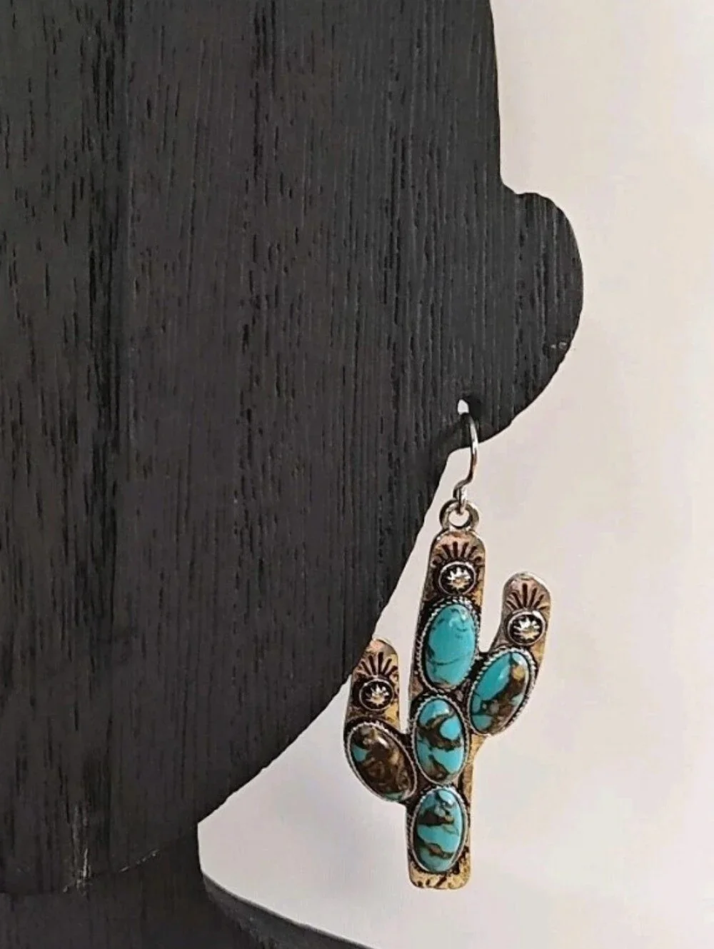 Southwestern Dangle Earrings Turquoise Saguaro Cactus Etched Sunburst Silver 2